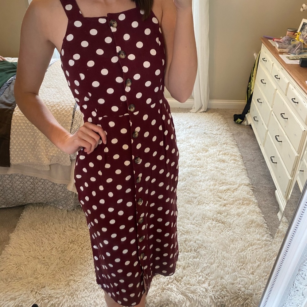 Red & White Polka Dot Dress with Slit & buttons - Picture 2 of 8